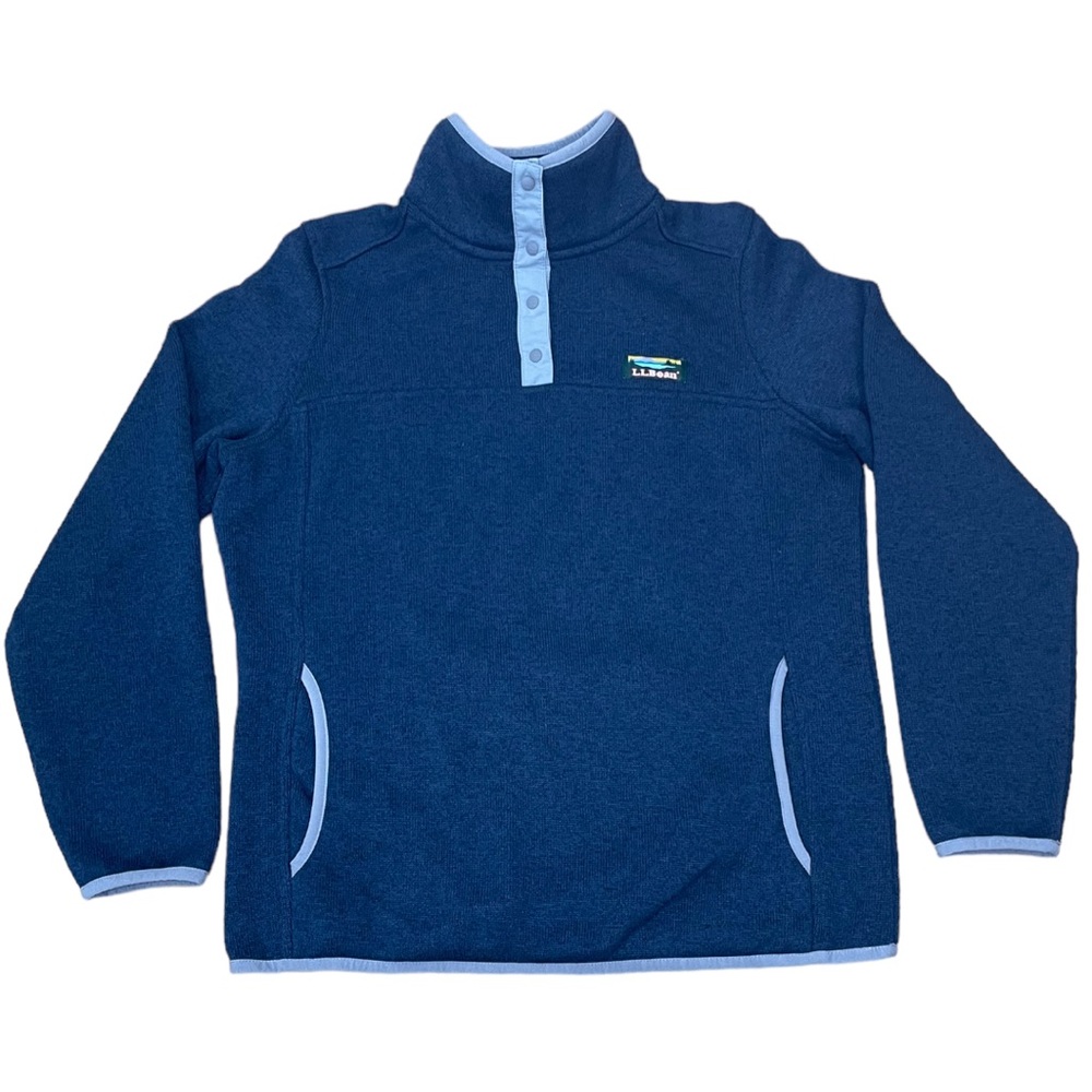 L.L. Bean Navy Blue Fleece Cowl Neck Pullover with Light Blue Trim